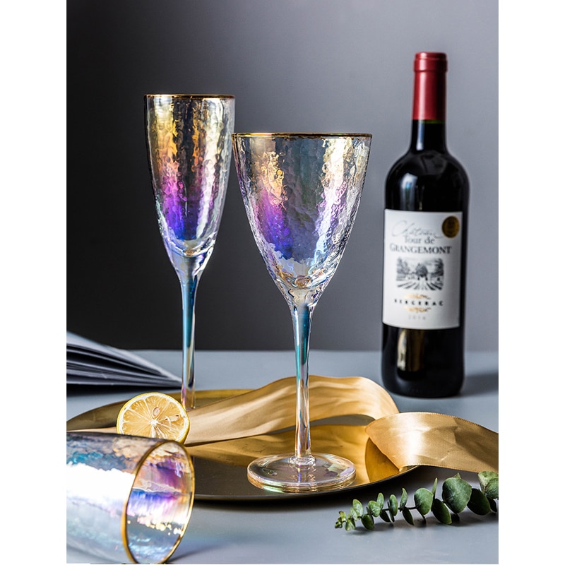 Copa de vino chapada en oro martillado, copas de champán sin plomo, copa de cóctel, suministro de artículos para beber