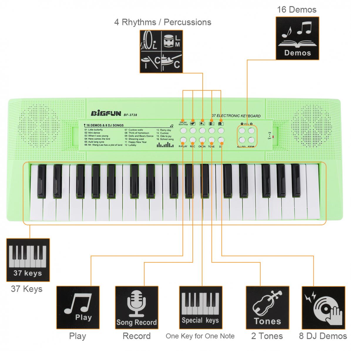 37 Keys ABS Electronic Keyboard Piano Digital Music Key Board with Microphone Children Musical Enlightenment