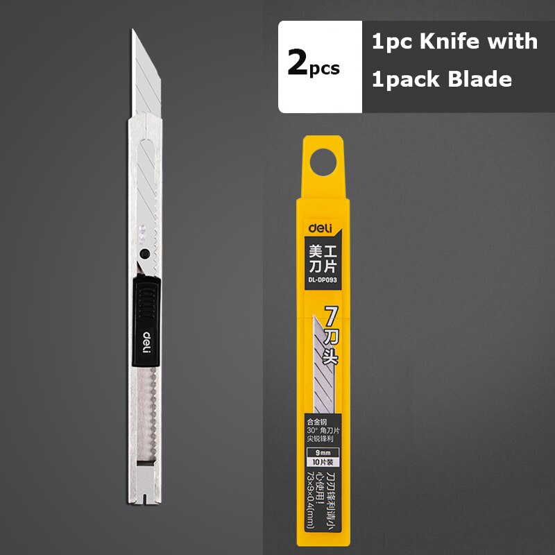 Deli Portable Aluminum Alloy Utility Knife 9MM нож Pocket Paper Unboxing Cutter with Metal Blade Self-locking Sharp Angle: 1Knife 1Blade1