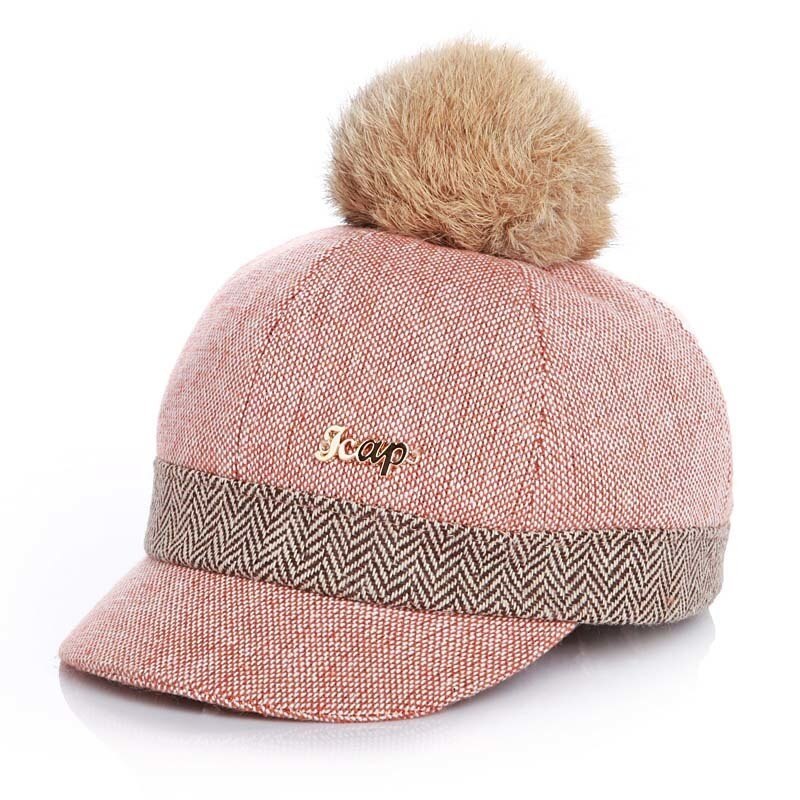 Warm Children Winter Baseball Cap Rabbit Hair Ball Sports Golf Hat Kid Winter Pompon Equestrian Cap For Girl Boy: pink / 52cm 2 to 6 year