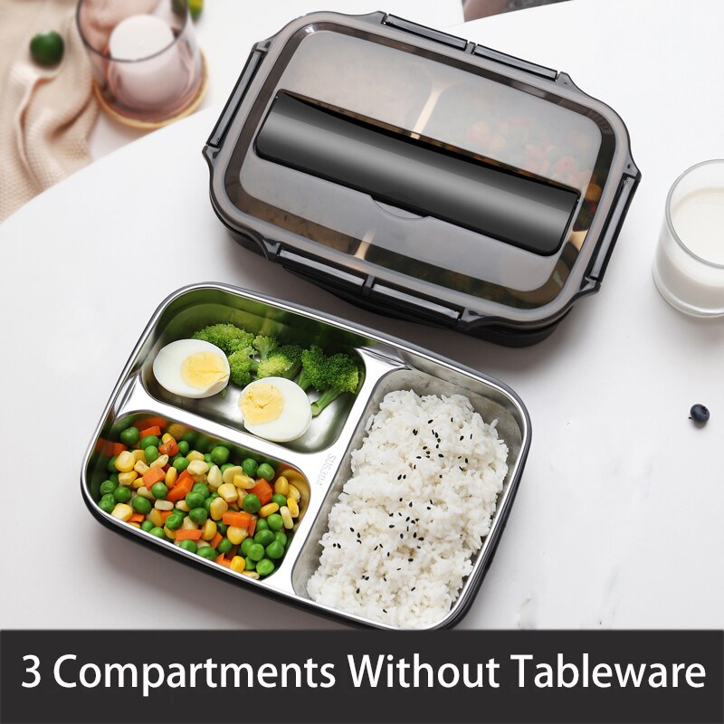 Stainless Steel Thermal Lunch Box Containers with Compartments Leakproof Bento Box Food Container Picnic Office School Lunchbox: black no tableware-3