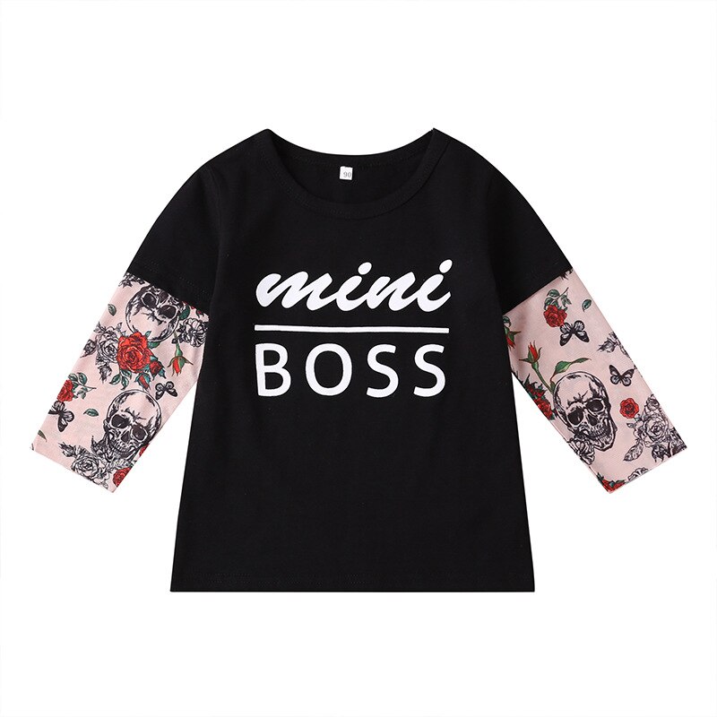 Nuovo cuciture moda Europee e Americane del tatuaggio di stampa dei ragazzi a maniche lunghe T-shirt in cotone per bambini camicia a maniche lunghe: black / 3T
