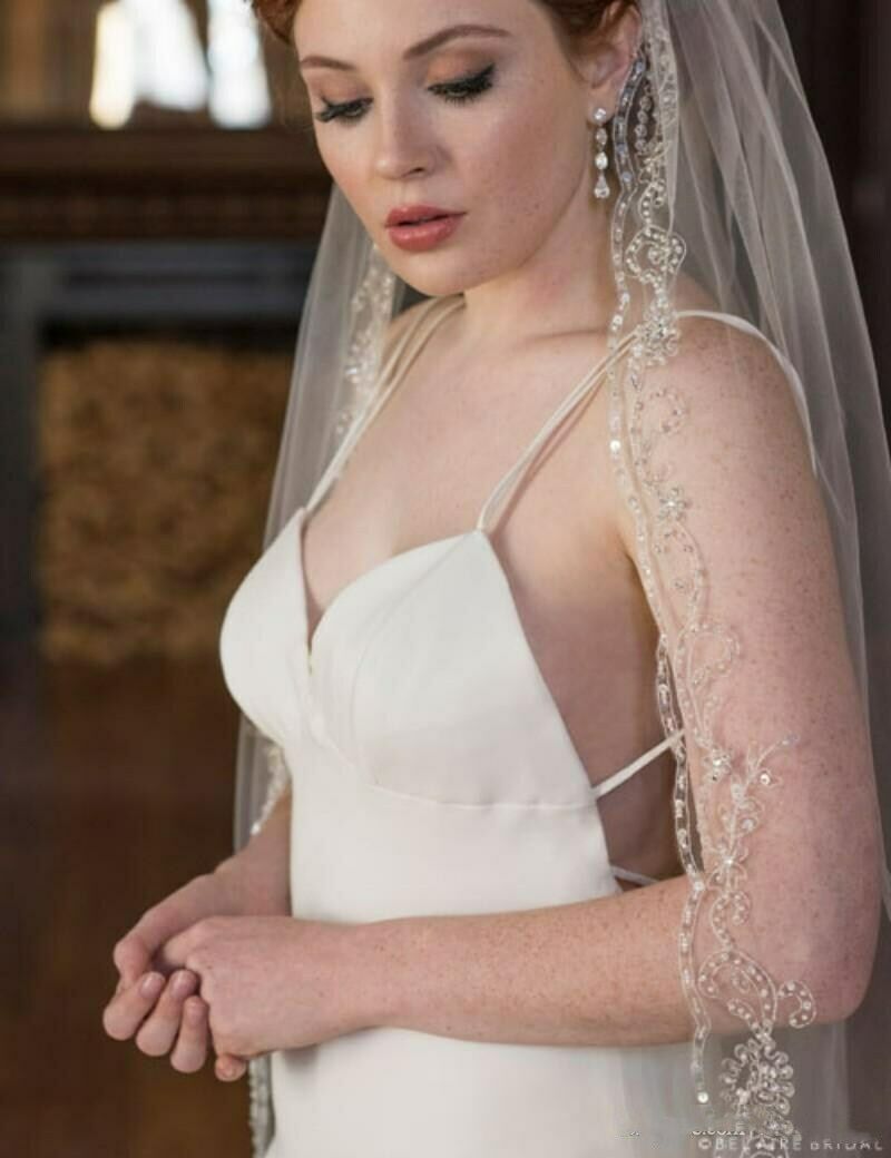 Long Wedding Bridal Veils White Ivory Cathedral Length Beaded Shiny Sequins Edge