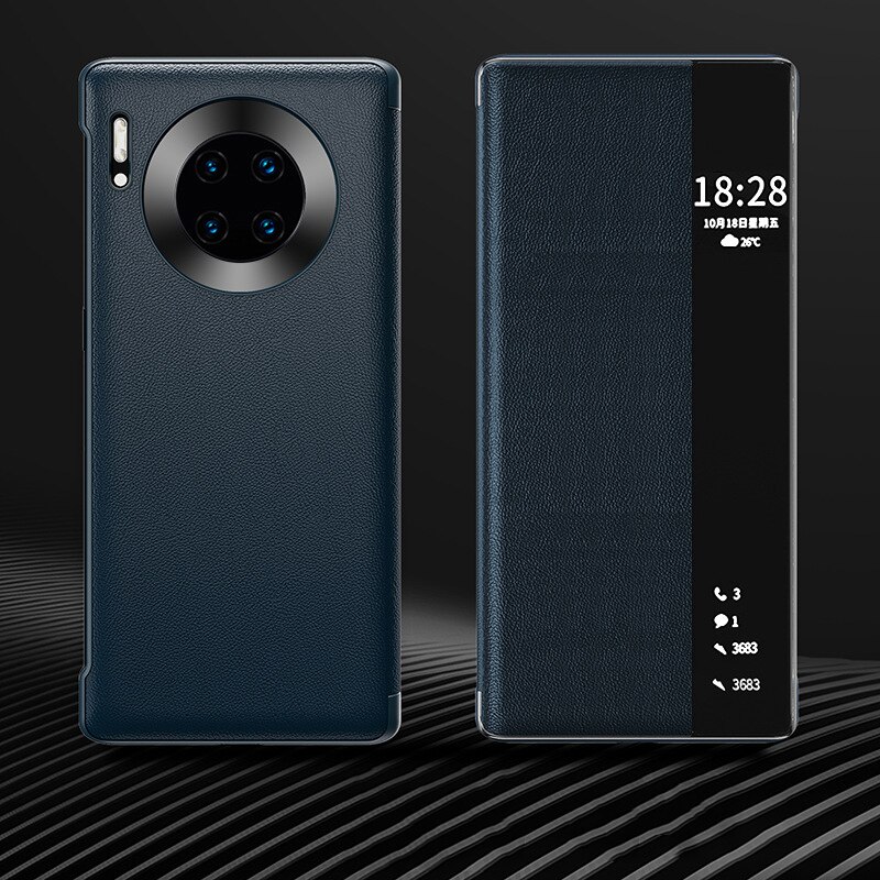 Luxury Leather Smart View Flip Case For Huawei Mate 40 Pro Mate40 Mate40pro 40pro 5G Global Version Magnetic Phone Cover: For Mate 40 / Dark Blue