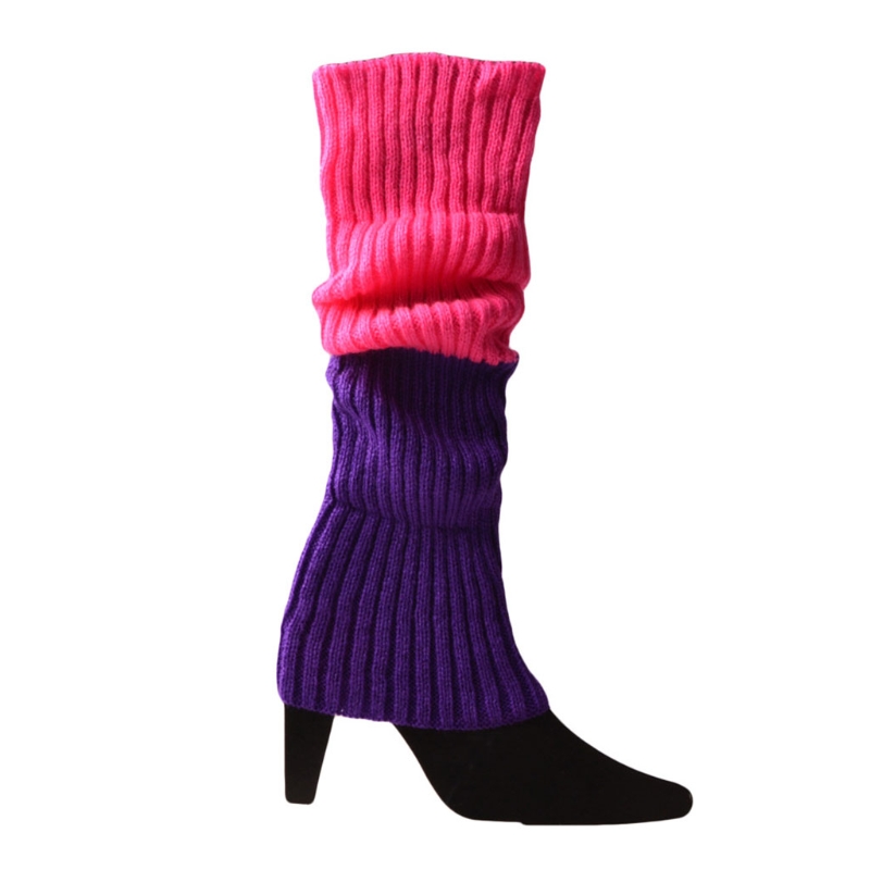 Women 80s Fluorescent Neon Colored Knit Leg Warmers Ribbed Crochet Bright Footless Socks Stockings Halloween Dance Party