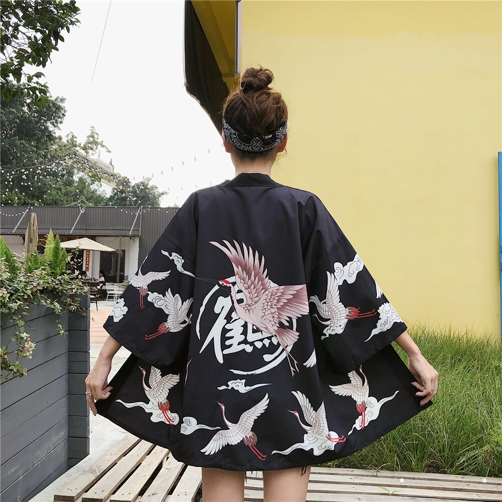 Japanese Yukata Kimono Summer Top Japan Printed Crane Haori Kimono Japones Harajuku Kimono Boho Yukata Women: style 7