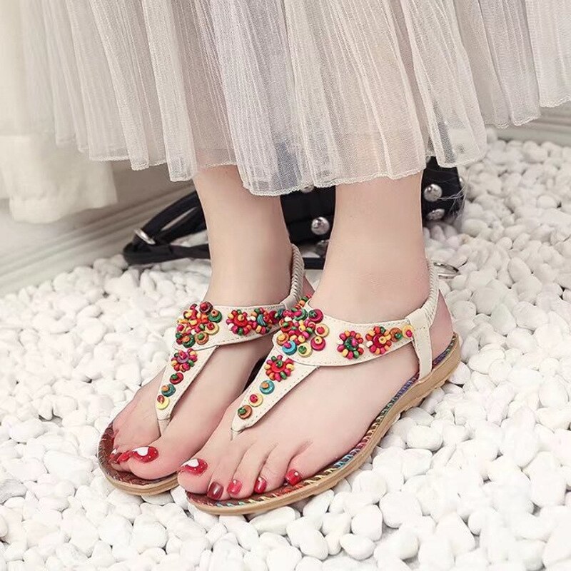 Sandalen Vrouwelijke Zomer Explosie Modellen Bohemian Zoete Agaat Handgemaakte Kralen Visgraat Pin Platte Leuke Strand Schoenen