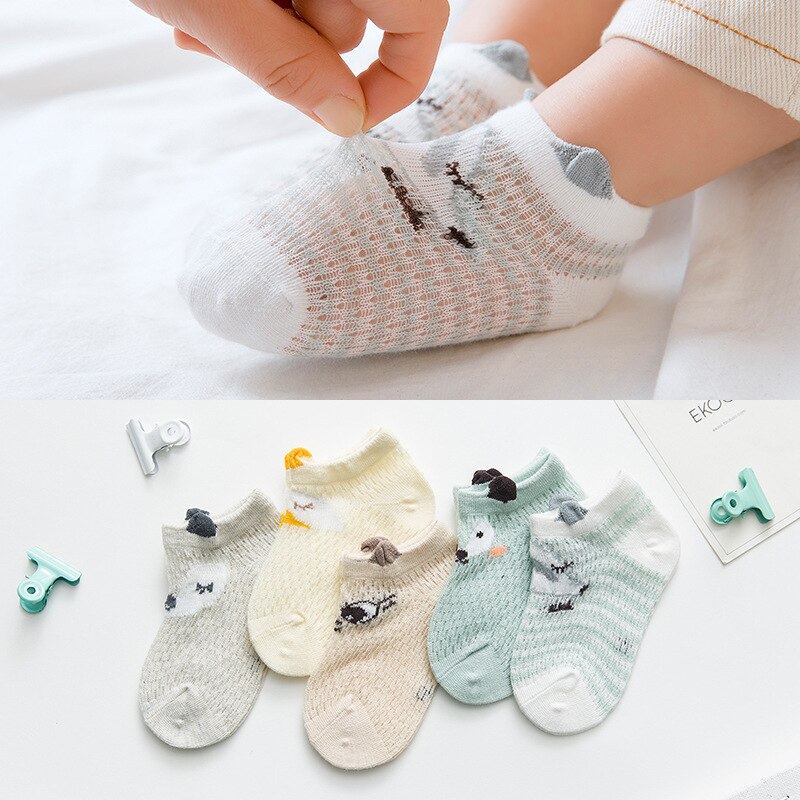 5 par baby sokker nyfødt sommer mesh baby sok til piger bomuld spædbarn afslappet piger sok tegneserie spædbarn sokker – Grandado
