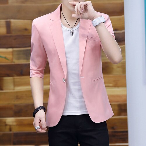 Blazer Men Summer Fashionable Casual Solid Half Sleeve Slim One-button Blazer for Men: Pink / M