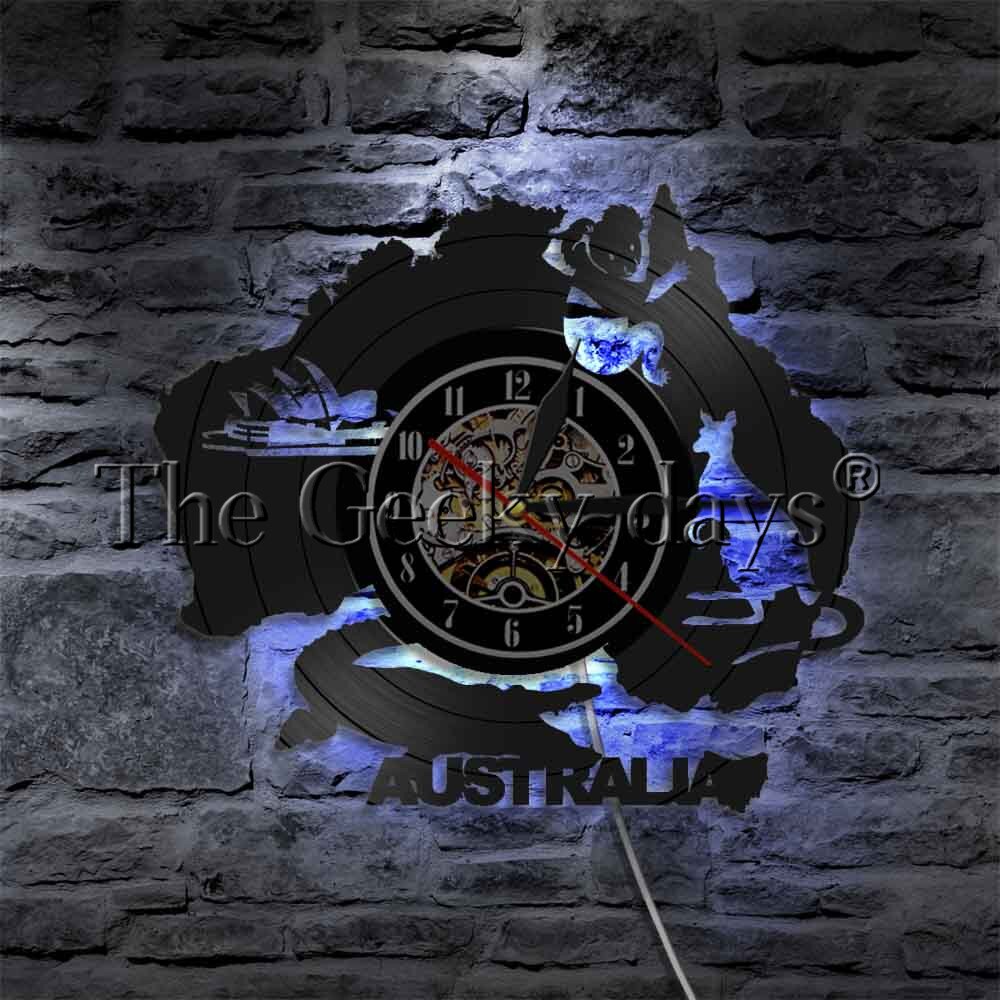1Piece Australia Wall Clock Sydney Opera House Vinyl Record Clock Crocodile Koala Kangaroo Australian Factors Led Wall Light: With Led