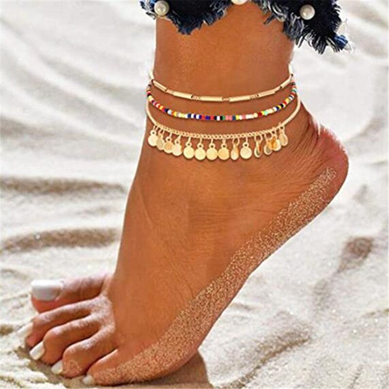 Bohemian Silver Color Anklet Bracelet On The Leg Heart Female Anklets Barefoot For Women Leg Chain Beach Foot Jewelry
