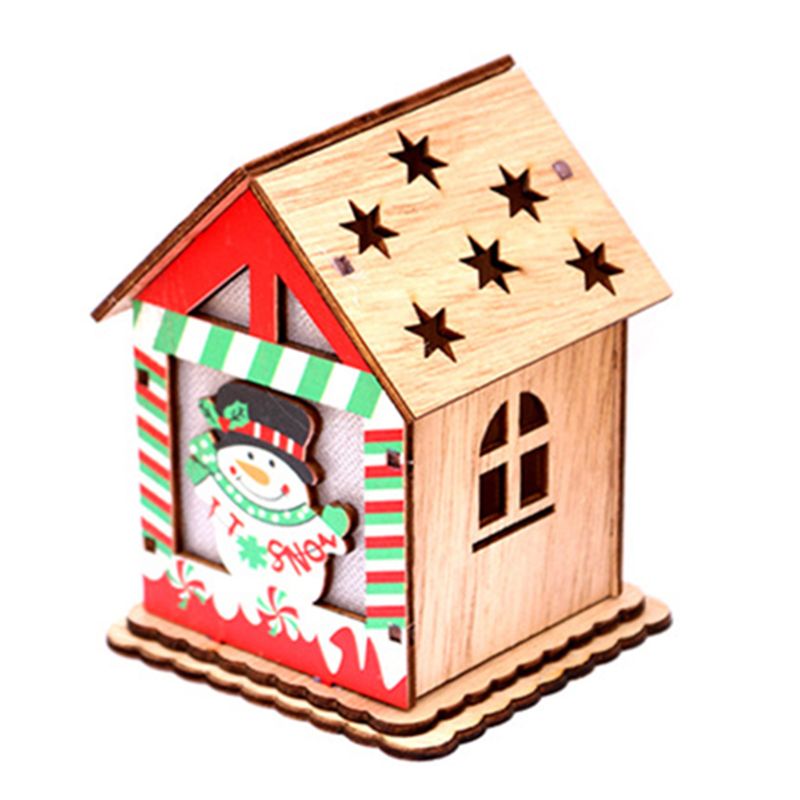 Casa de madera LED Chalet muñeco de nieve decoración de Navidad ciervo adorno de Papá Noel F: 3