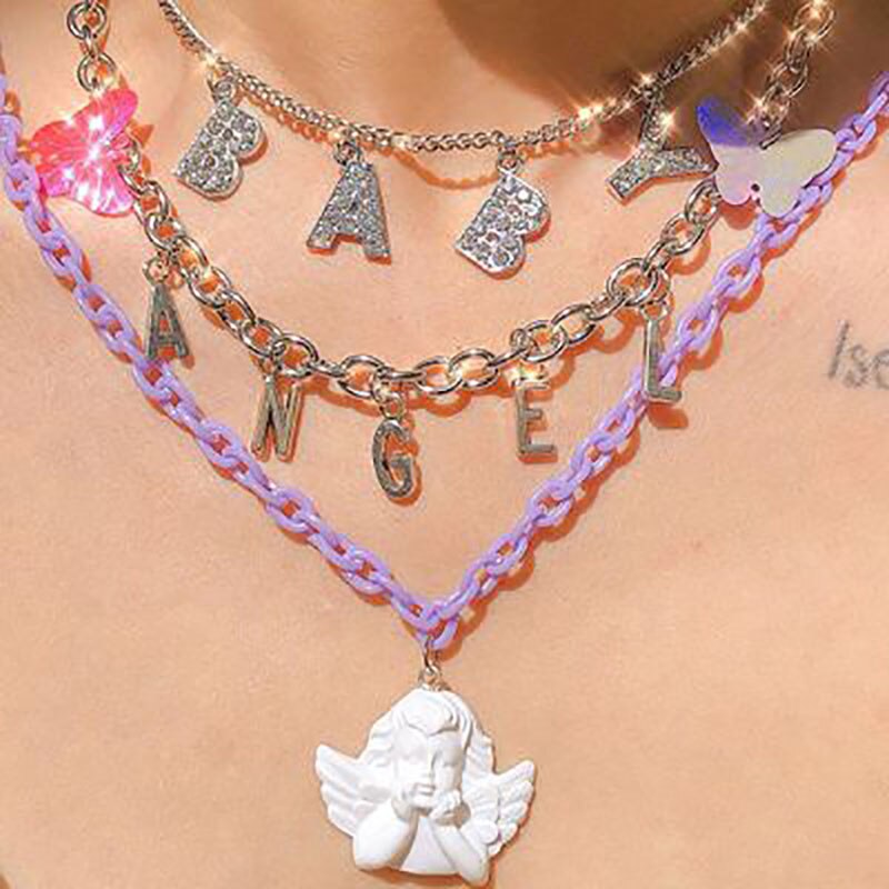 Harajuku Del Bambino Angelo Lettera Cupido Pendente Della Collana Per Le Donne Della Ragazza del Metallo Dell&#39;annata Brillante Cool Regali Trendy Choker Della Collana Dei Monili: angel necklace