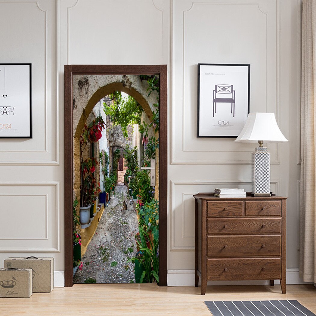Bloem Straat Stone Road Home Decoratie Deur Stickers Woonkamer Familie Slaapkamer Deur Decals Pvc Waterdichte Stereo Vision