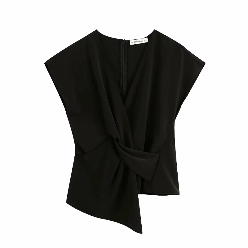 Novedad de , blusa de mujer a la con escote en v en color blanco y negro, blusa en la parte delantera, camisas irregulares de oficina para mujer, blusas elegantes simples LS6701: BB LS6701B / S