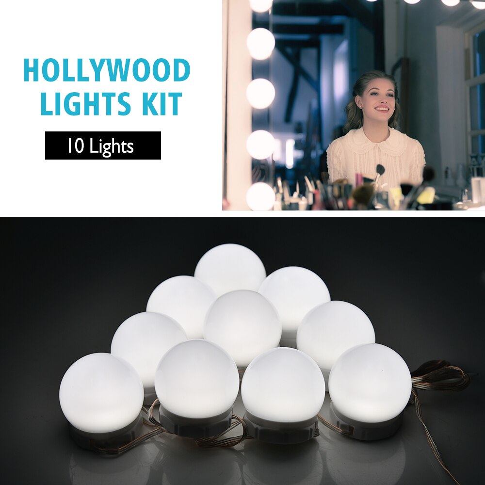 Usb 5v led makeup makeup spejl pære 10 stk hollyhood lys sæt 3 farver dæmpbart toiletbord spejl lys væglampe