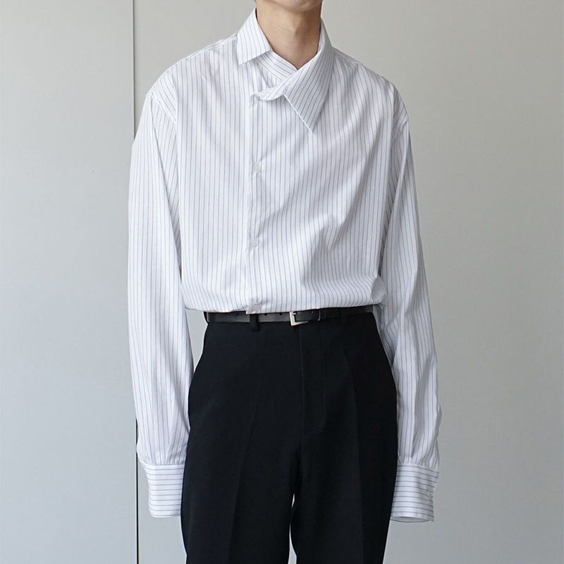 Kjole skjorte herre hvidstribede fritidsskjorter herre streetwear social herreskjorte vild løs koreansk langærmet skjorte m-xl: Stribet / L