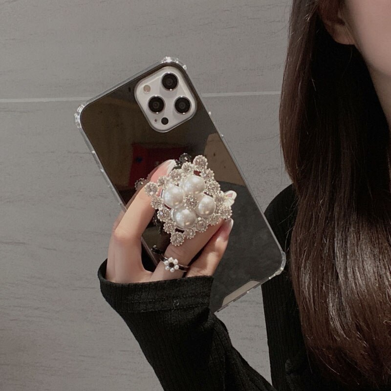 Luxury girl mirror Square Pearl Rhinestone Bracket soft Case For iPhone 11 12 Pro Max XR X XS MAX 8 7 plus protection Back Cover