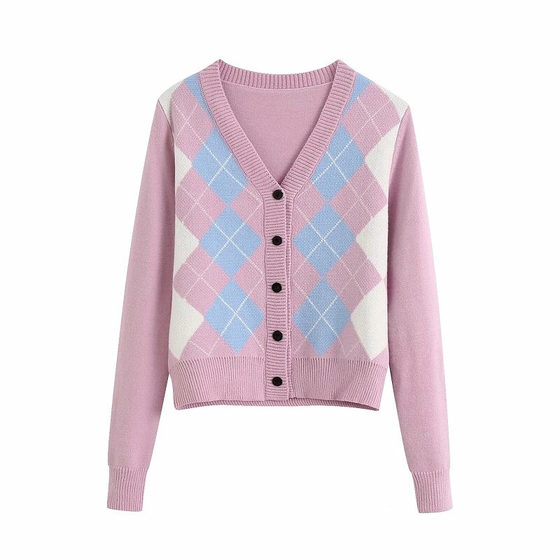 Dames engelse stijl argyle contrasterende kleuren vesten vintage enkelrijs v-hals truien vrouwelijke chique truien: Roze / Ik