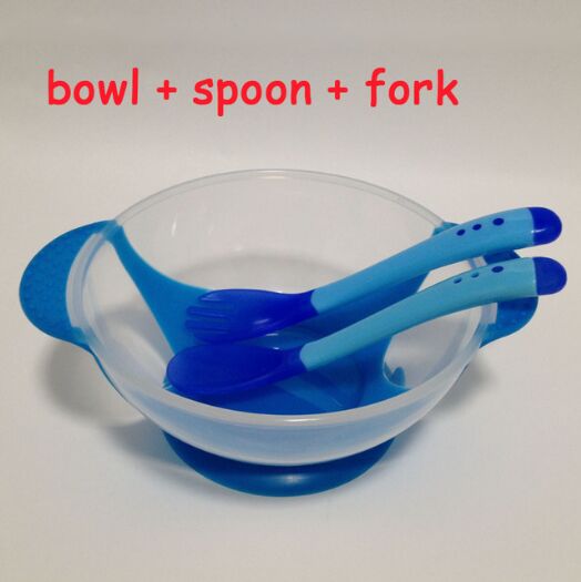 Baby Geschirr einstellen freundlicher Geschirr Baby Lernen Gerichte Fütterung Schüssel Löffel temperatur gabel weihnachten Lebensmittel Schüssel: Blau Geschirr