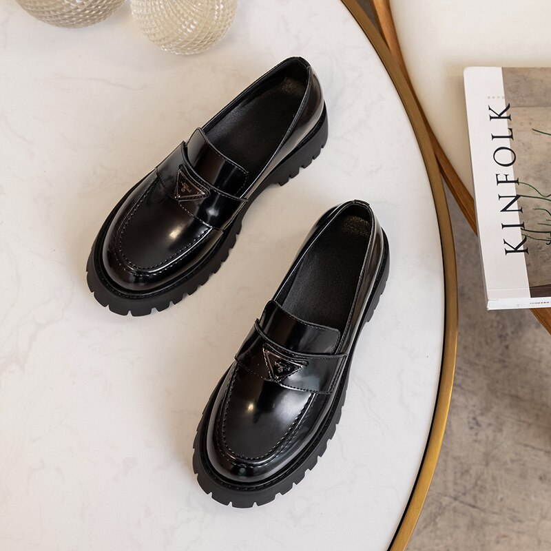 plana zapatos de cuero de las mujeres zapatos Brogue mujeres hebilla Zapatos de vestir de 4cm: Black / 6,5