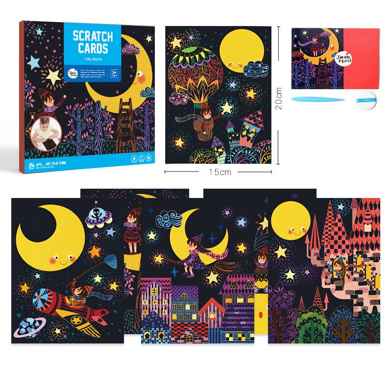 1 Set 6pcs 20x15cm Magic Color Scratch Art Paper Coloring Cards Scraping Drawing Toys for Children: Full Moon