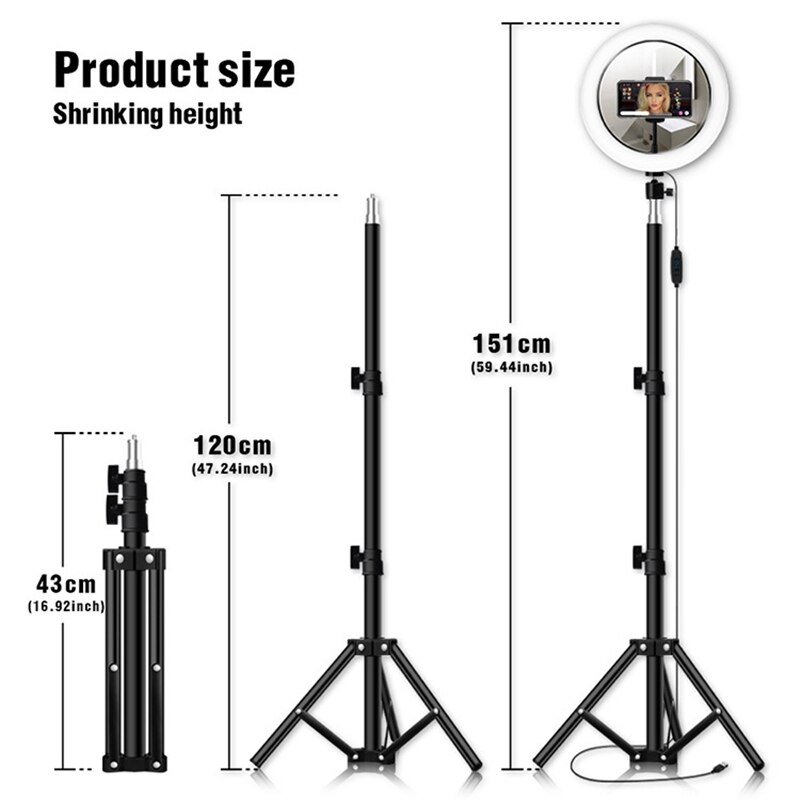 JABS Ring Light with Tripod 10Inch 26Cm Usb Interface Dimmable Led Selfie Stick Camera Phone Photography Video Makeup Lamp