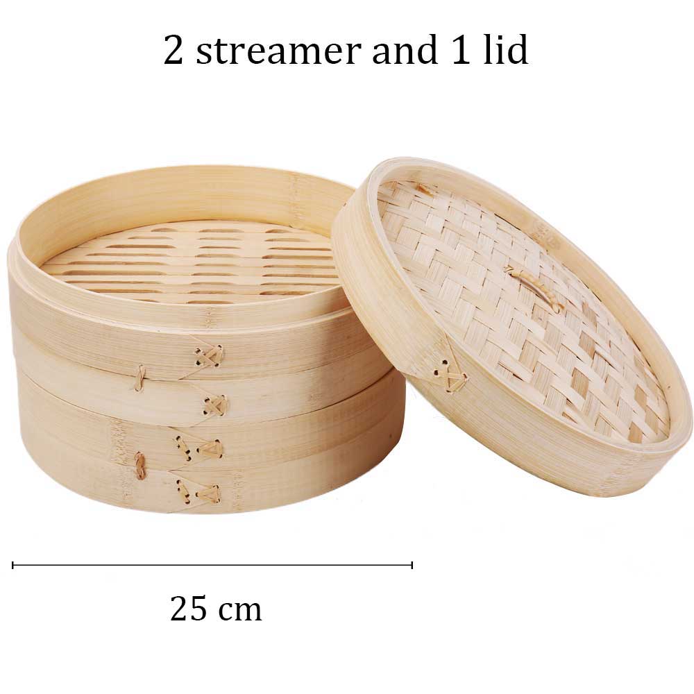 Bamboo parowar koszyk do gotowania na parze kluska ryby ryż warzywny kosz na przekąskę Dim Sum kuchnia narzędzia kuchenne klatka lub zestaw okładek: 25cm 2 cage 1 lid