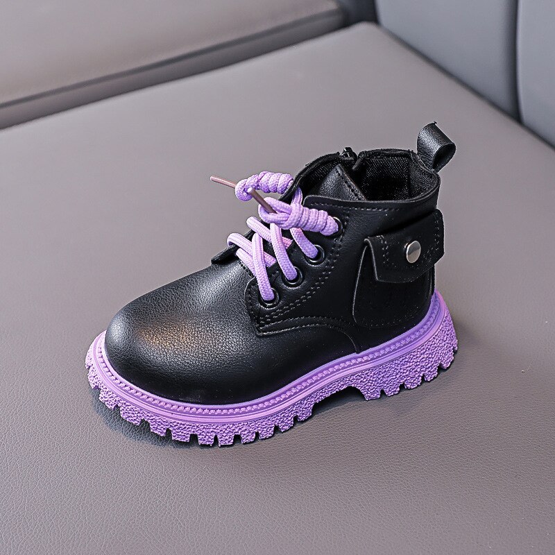 Autumn Winter Kids Martin Boots For Girls Boys Leather Boots Side Zipper Baby Shoes Pocket Children Sneakers
