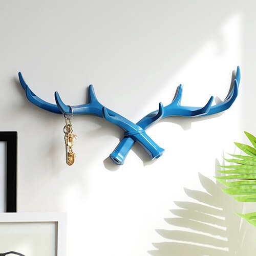 Cuerno de ciervo de resina para colgar en la pared, gancho para llaves, toalla, bolso de mano, soporte para dormitorio, decoración del hogar, colgadores para puerta, gancho para colgar: Blue