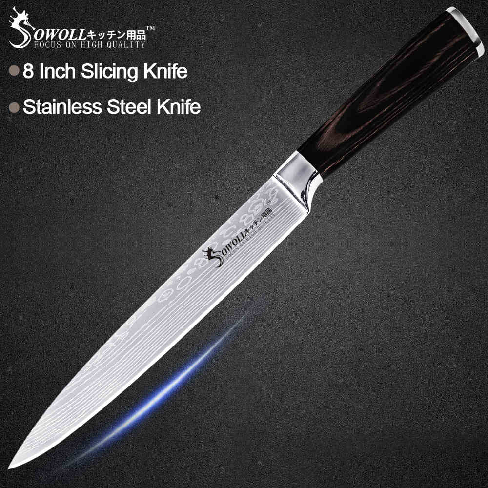 Sowoll Stainless Steel Cooking Knife Damascus Pattern Blade Chef Slicing Santoku Utility Paring Knife Camping Cooking Tools: H.8 slicing knife