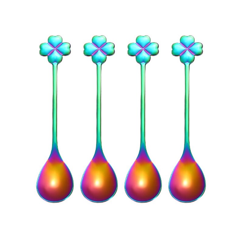 4 Stks/partij Koffie Lepels 12.4 Cm Tiny Lepels 304 Rvs Klavertje Vier Lepel Dessertlepel Set Serveren lepel: Rainbow 4 Pcs