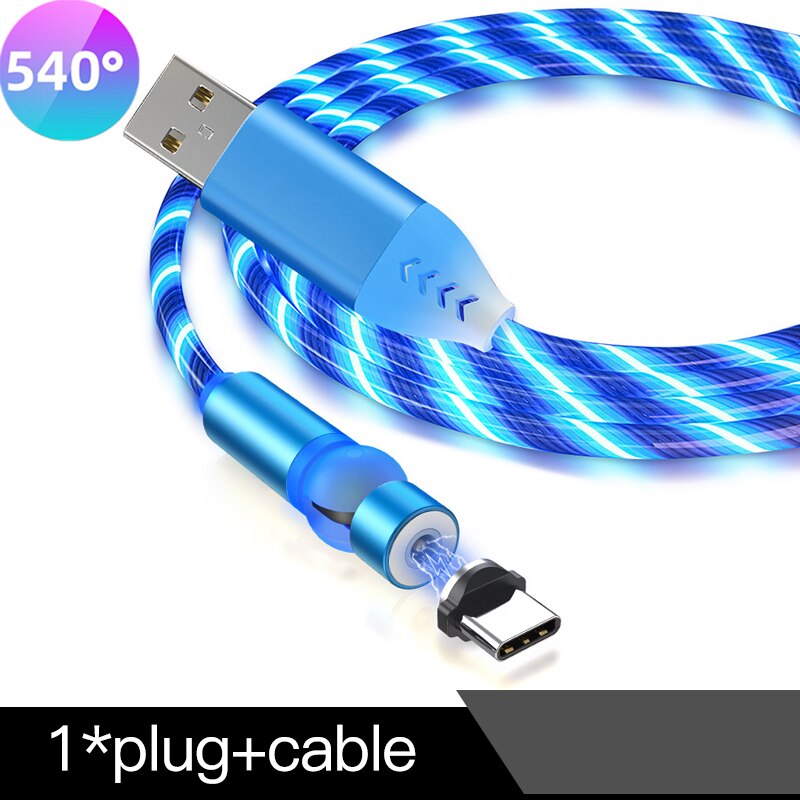 540 graden gloeiende magnetische oplaadkabel voor mobiele telefoons met led-lampje, micro-usb-type c voor apple android-oplader, oplaadsnoer: Blauw / Voor type c