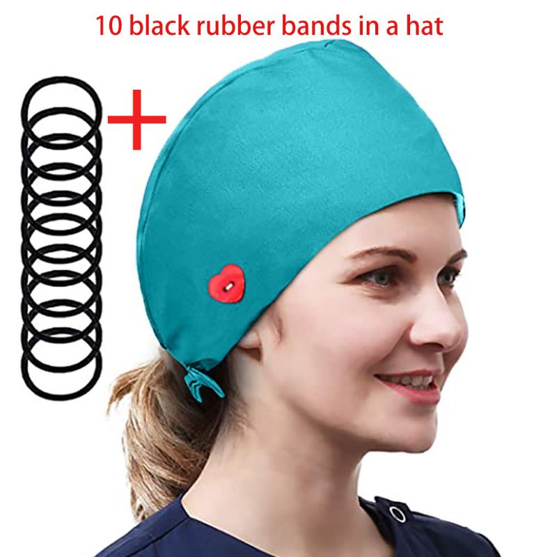 Women Solid Color Buttons Scrub Cap with 10Pcs Hair Ties Bouffant Hat