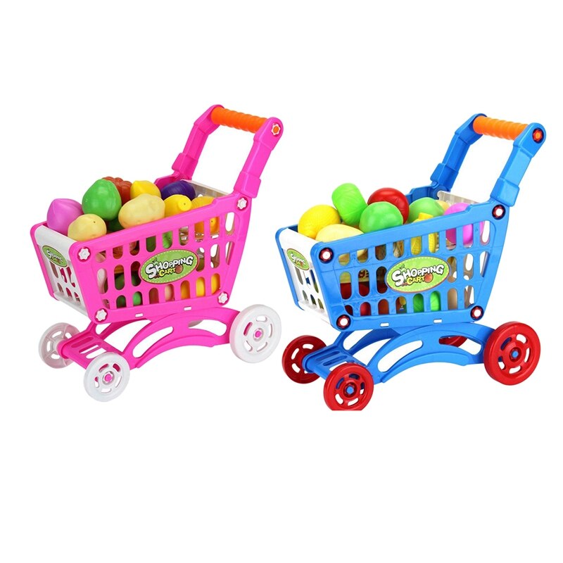 2 Set Kids Simulatie Supermarkt Winkelwagentje Mini Trolley Met Fruit Groente-Blauw & Roze