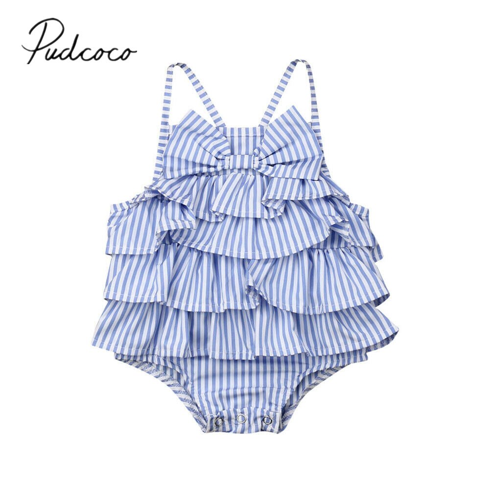 Children Summer Clothing One Piece Infant Kids Baby Girls Boys Striped Bodysuits Sleeveless Blue Bowknot Ruffled Jumpsuits