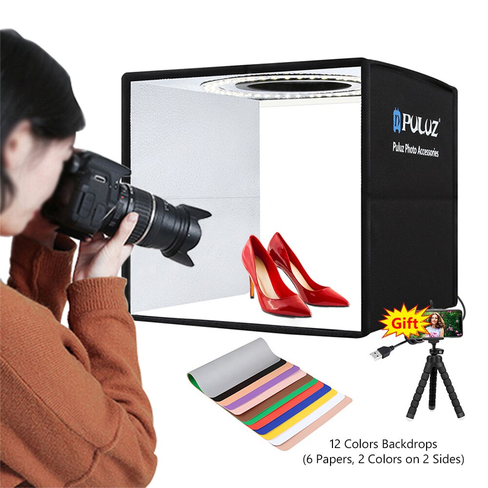 PULUZ Photo Studio Light Box with 12 Colors Background Mini Tabletop Lightbox Photography Soft Box Shooting Box Tent Ring Light