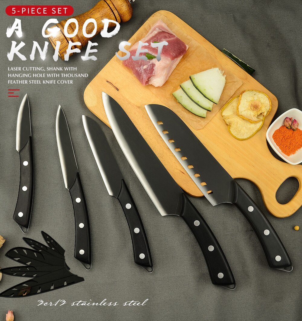 Sowoll Pro Kitchen Cooking Knives Set 8&#39;&#39; Chef 7&#39;&#39; Santoku Chopping 5&#39;&#39; Santoku Utility 3.5&#39;&#39; Paring Knife Sheath Cover Tools