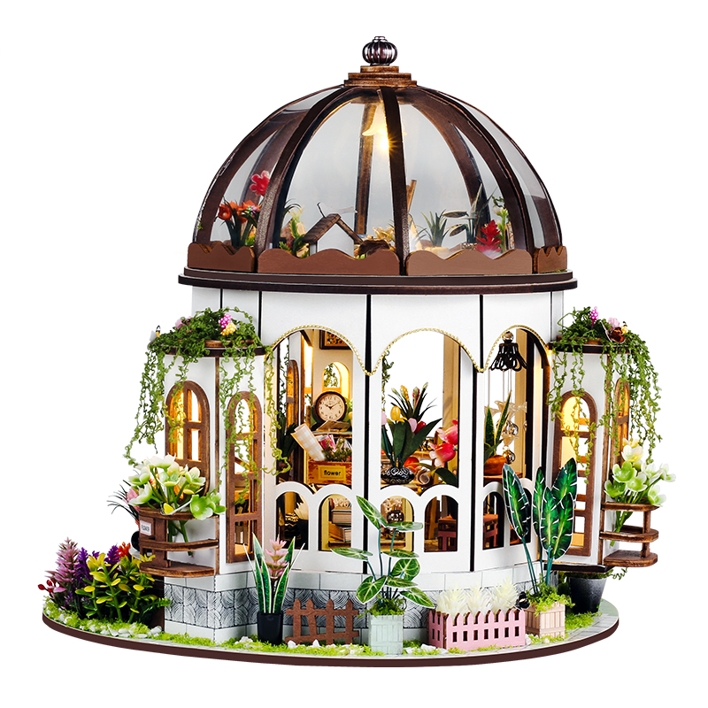 Gør-det-selv trædukkehuse hængende have casa miniature byggesæt blomsterdukkehus med møbler led-lys til piger