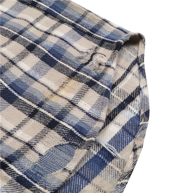 Oversized Plaid VUJADE kenijima Shirts Men Women 1:1 Destroy Plaid Shirt Flannel VUJADE Pocket Blouse