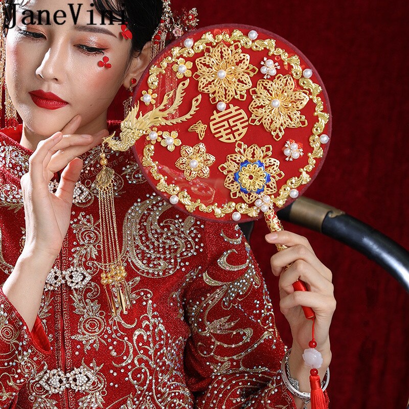 JaneVini bricolage ventilateur de mariée Style chinois Vintage mariage mariée main ventilateur Bouquet à la main perle rouge métal fleur ventilateur support étagère