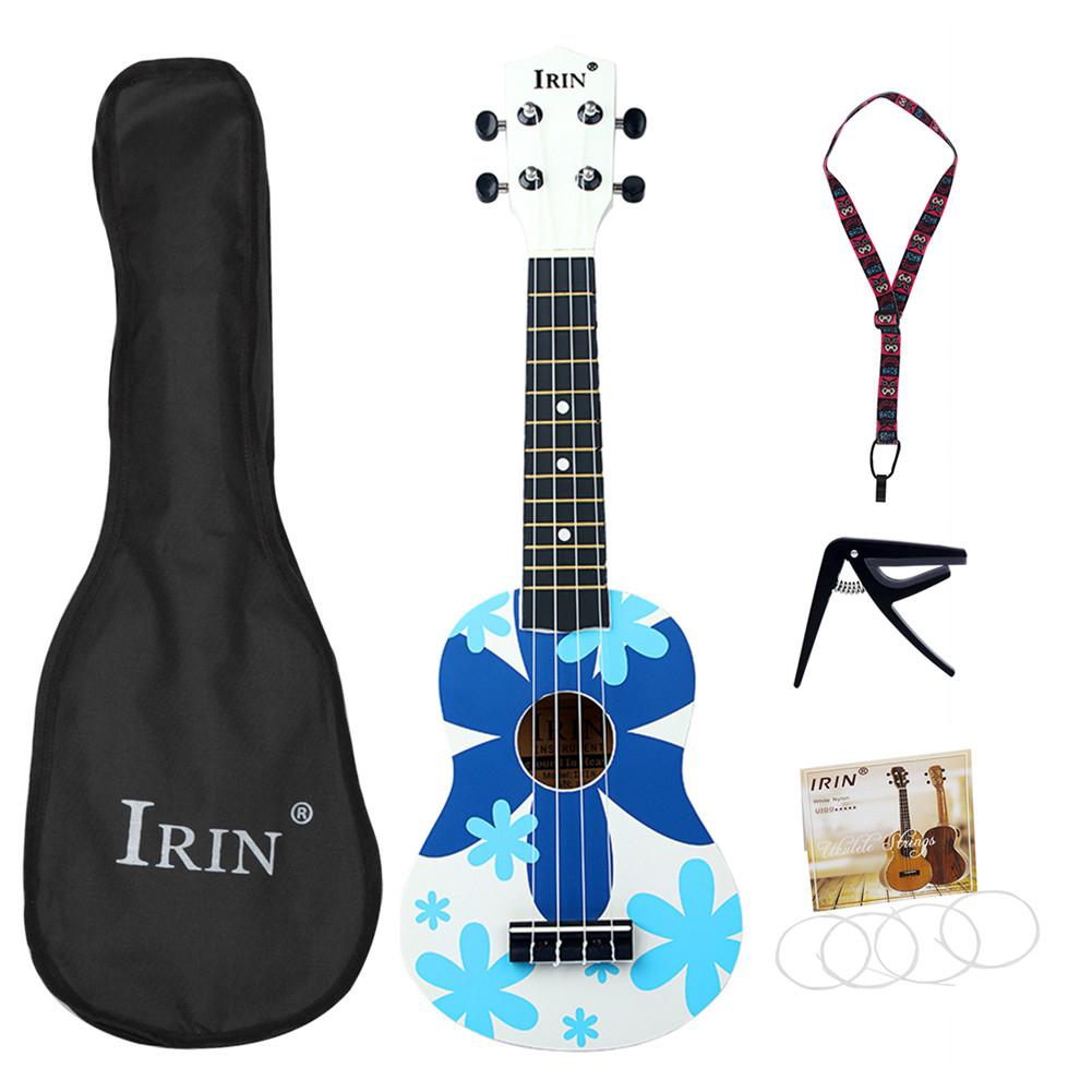 Irin 21 Inch Ukulele Mooie Bloem Patroon Basswood Ukelele 4 Snaren Instrument Met Zak Riem String Capo: Blue