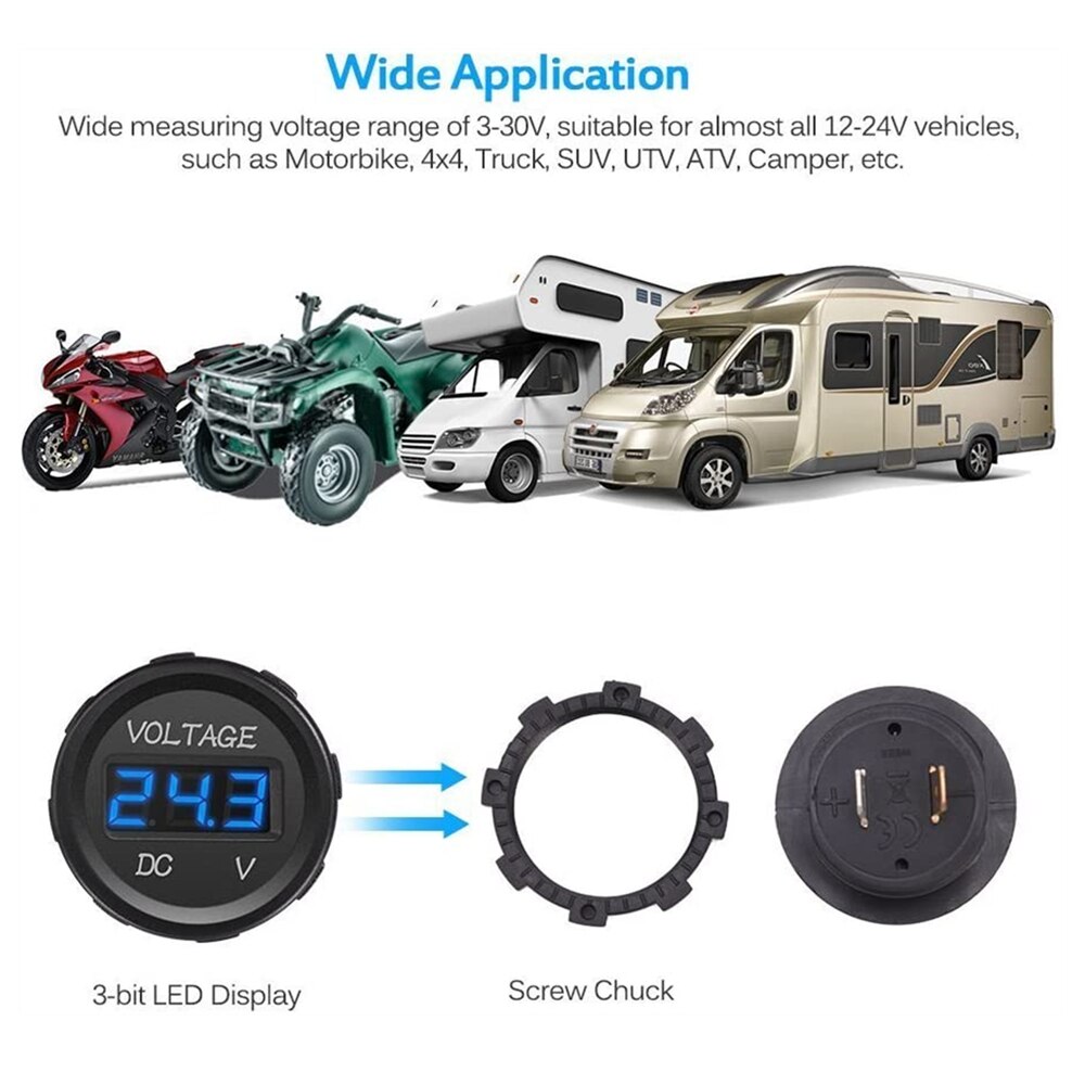 DC 5-48V Car Motorcycle Voltmeter Mini Digital Waterproof LED Panel Tester Display Round Volt Meter Gauge