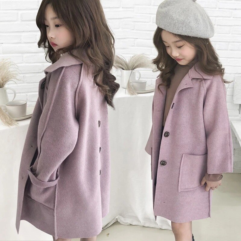 Manteau en laine rose pour filles, automne-hiver, vestes en laine, Costumes, vêtements d'extérieur, hauts, vêtements pour enfants de 4 à 12 ans