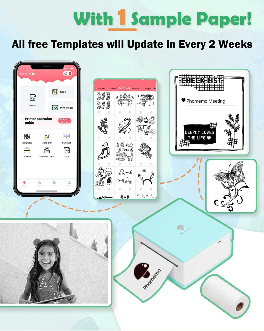 Phomemo M02 Thermal Portable Printer Wirelessly BT 203dpi Photo Label Memo Wrong Question Printing with USB Cable Imprimante