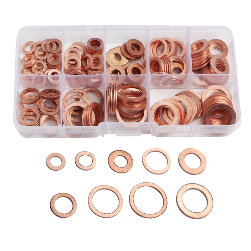 200Pcs 9 Sizes Copper Washers Assorted Solid Copper Gasket Washers Sealing Ring Set Hardware Kit M5/6/8/10/12/14 with Plastic Ca: Default Title