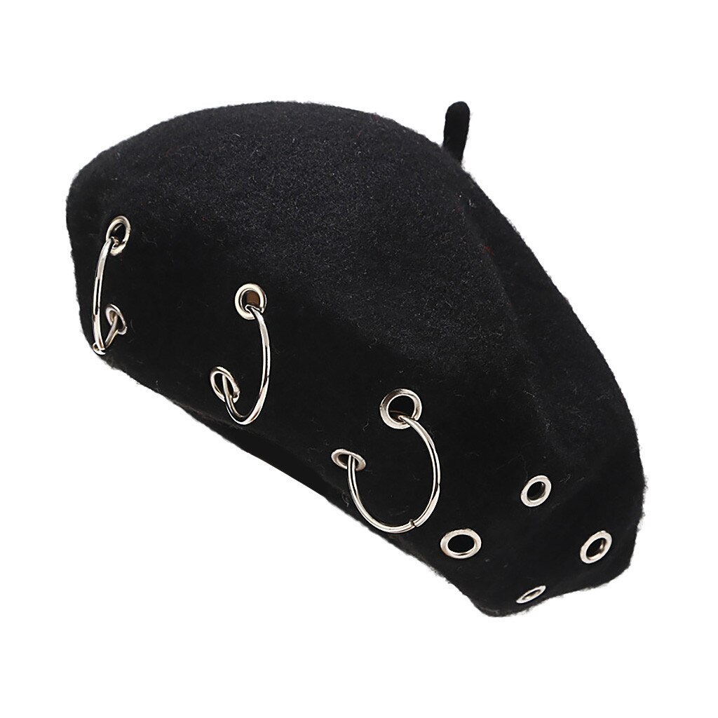 Boina Harajuku de estilo Punk Rock para mujer, boina con aros de hierro, gorros de lana Retro, boinas de pintor de lana negra: Black
