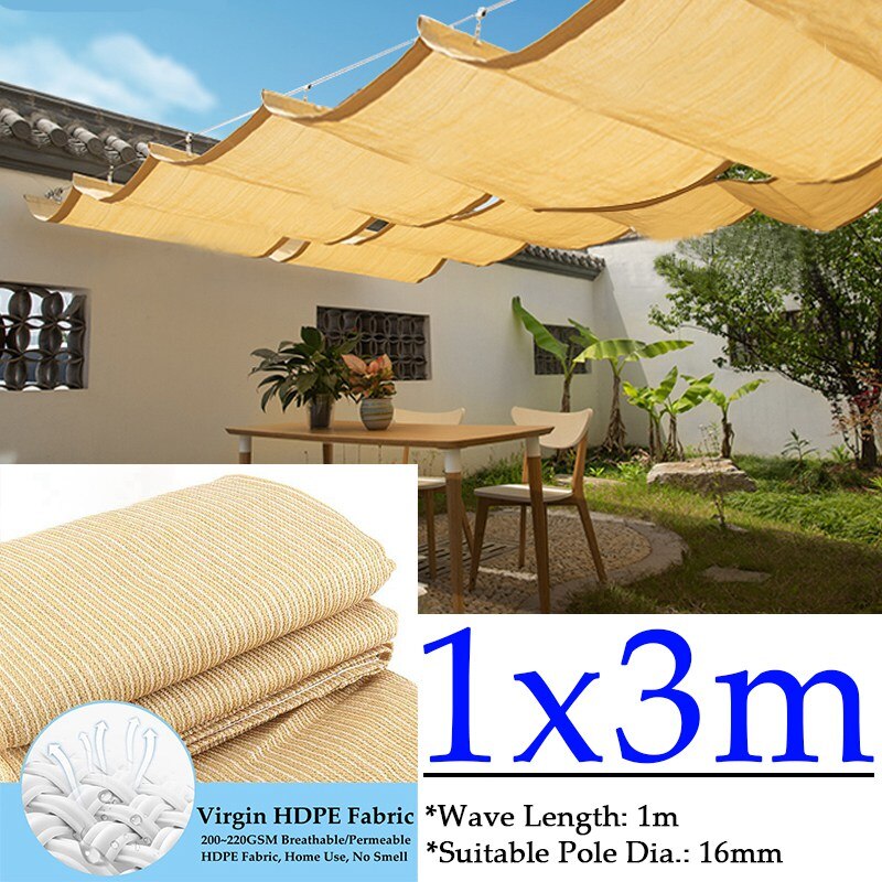 Width 1M HDPE Telescopic Wave Sun Shade Net Balcony Terrace Sun Shelter Garden Pergolas Canopy Outdoor Swimming Pool Awning: Beige 1x3m