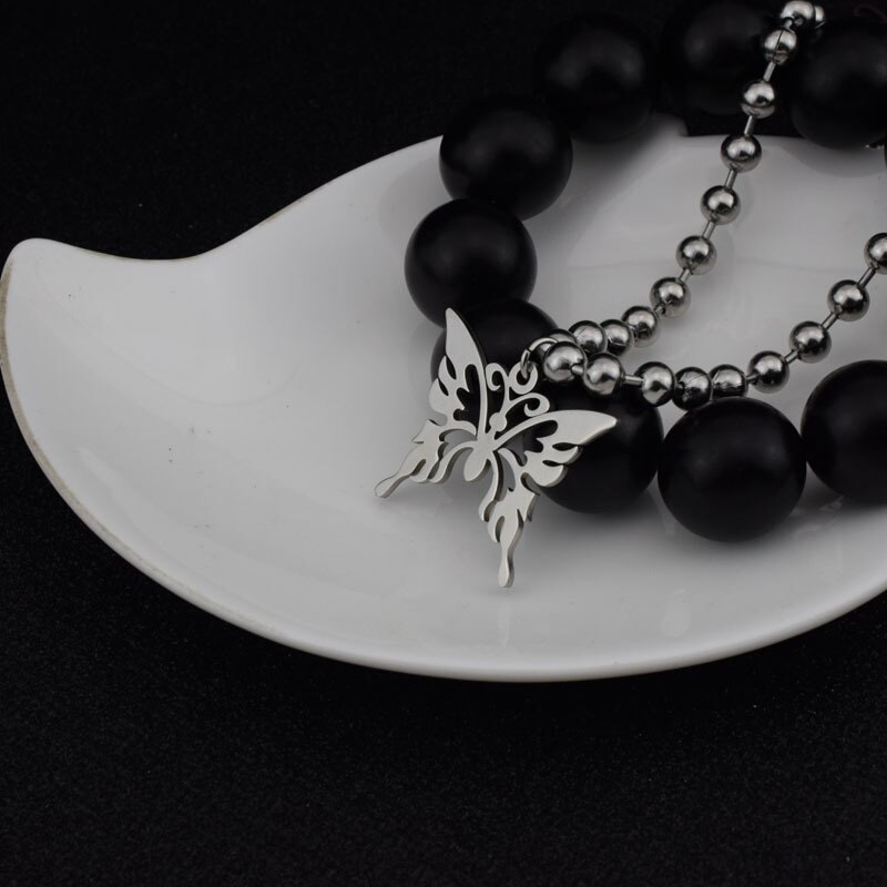 Punk Rock Zoete Vlinder Rvs Hanger Ketting Streetwear Ball Chain Polijsten Chain Mode Ketting Unisex Sieraden