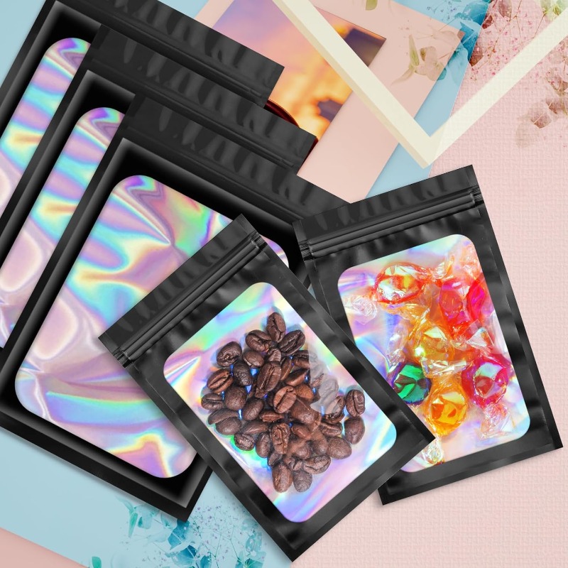 100 szt. Kolorowe Czarne Holograficzne Torebki Mylarowe Samozamykające z Zamkiem Błyskawicznym i Okienkiem, Plastikowe, Zapobiegające Nieprzyjemnym Zapachom
